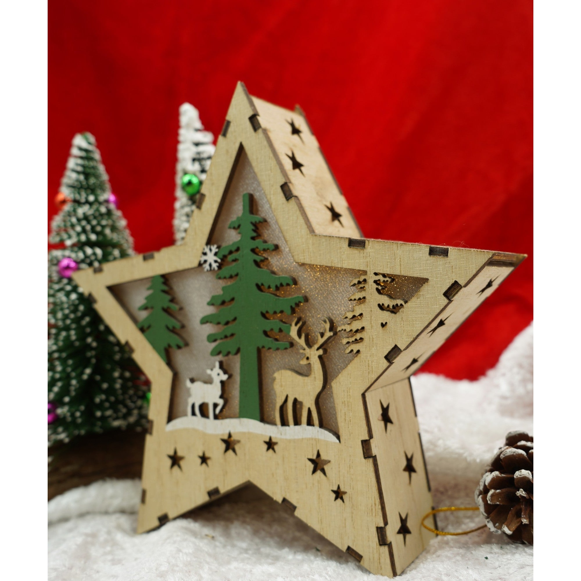 Decoratiune luminoasa, model de Stea cu Reni, maro, lungime: 18 cm, latime: 18 cm, inaltime: 4 cm, lemn, interior/exterior-2