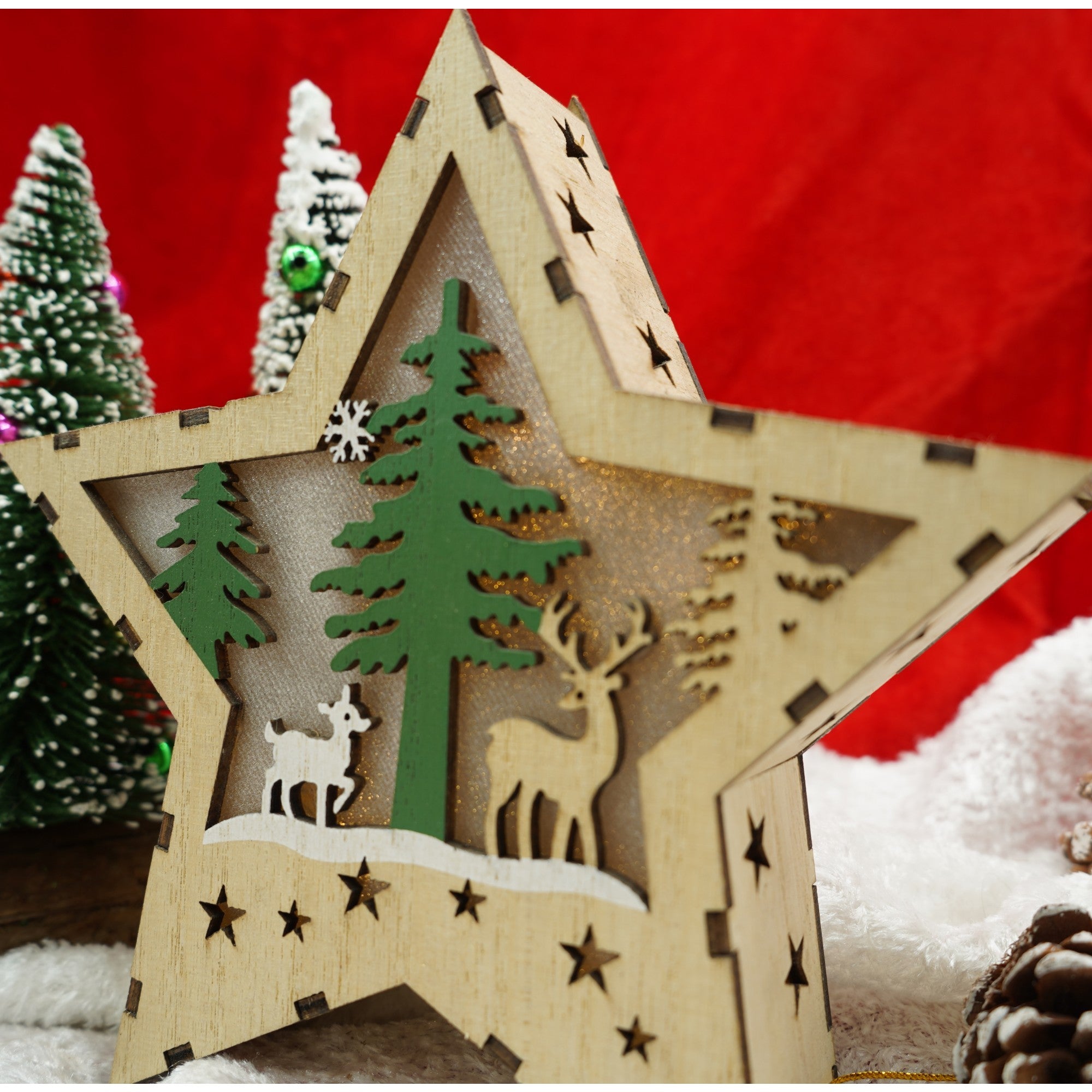 Decoratiune luminoasa, model de Stea cu Reni, maro, lungime: 18 cm, latime: 18 cm, inaltime: 4 cm, lemn, interior/exterior-4