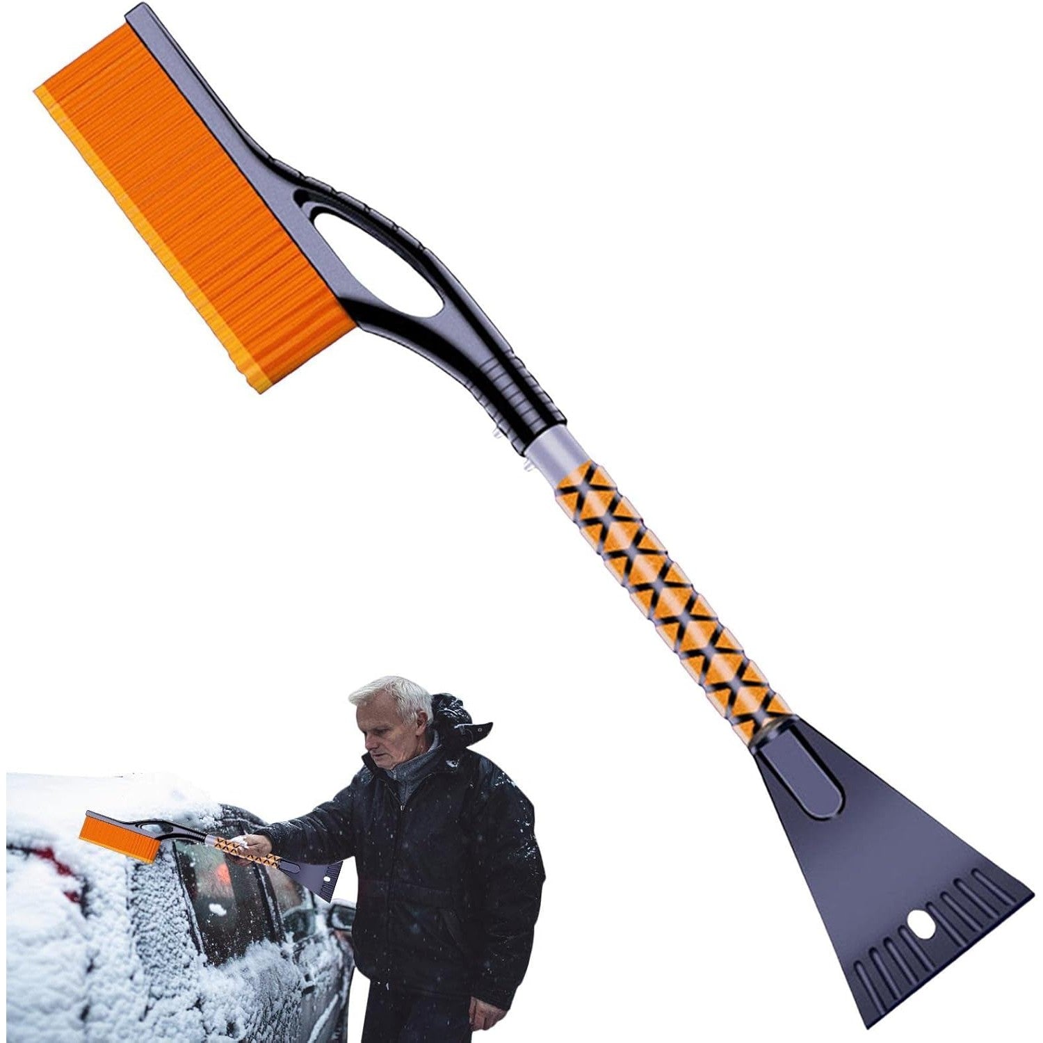 Perie de Zapada cu Racleta pentru Masina, Flippy, Multifunctionala, Demontabila, cu Maner Antiderapant, Aluminiu, Plastic, Fragmentarea Ghetii de pe Parbriz, Solutia pentru Iarna, pentru Dezghetare, 68x24x11.1 cm, Portocaliu-2