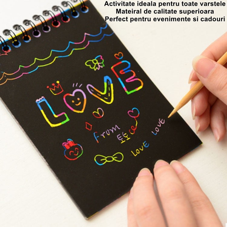 Caiet cu fise razuibile Flippy, DIY Magic Scratch, 12 File, Curcubeu, Creion din Lemn, Cartonase negre, 14 x 10 cm, verde-5