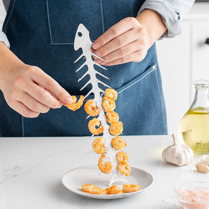 Forma pentru Frigarui, Flippy, Model Oase de Peste, din Otel Inoxidabil, Instrument pentru Gratar, BBQ, cu Deschizator de Sticle, 30x6 cm, Argintie-3