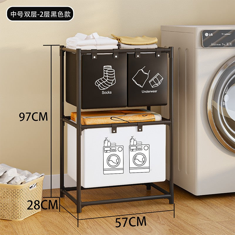 Dulap de Depozitare cu doua straturi, Flippy, Cos pentru Haine Murdare, 97x28x57 cm, Negru-0