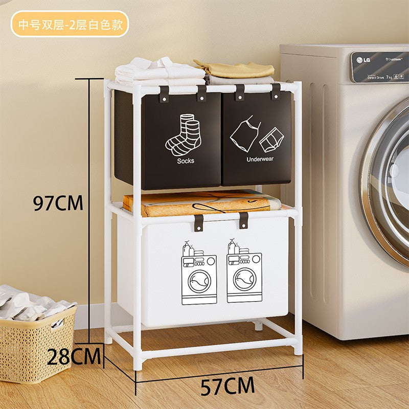 Dulap de Depozitare cu doua straturi, Flippy, Cos pentru Haine Murdare, 97x28x57 cm, Alb-0