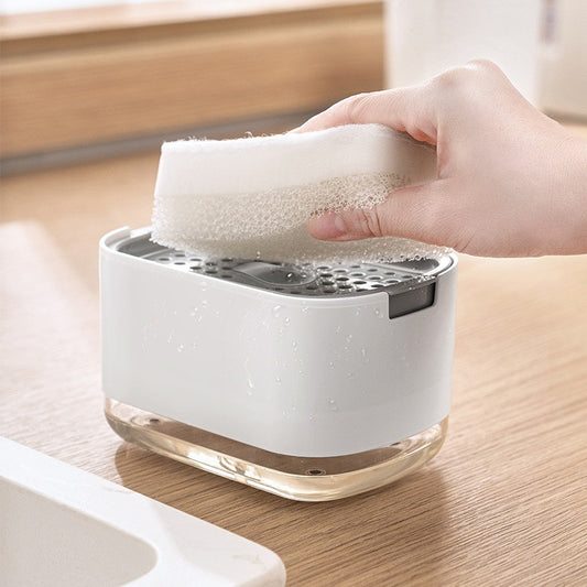 Dozator Flippy, Dispenser 2 in 1 pentru Detergent Lichid de Vase sau pentru Obiecte Sanitare cu Suport pentru Burete de Bucatarie , 8.6 x 14.5 x 10 cm, capacitate 300 ml, alb-1