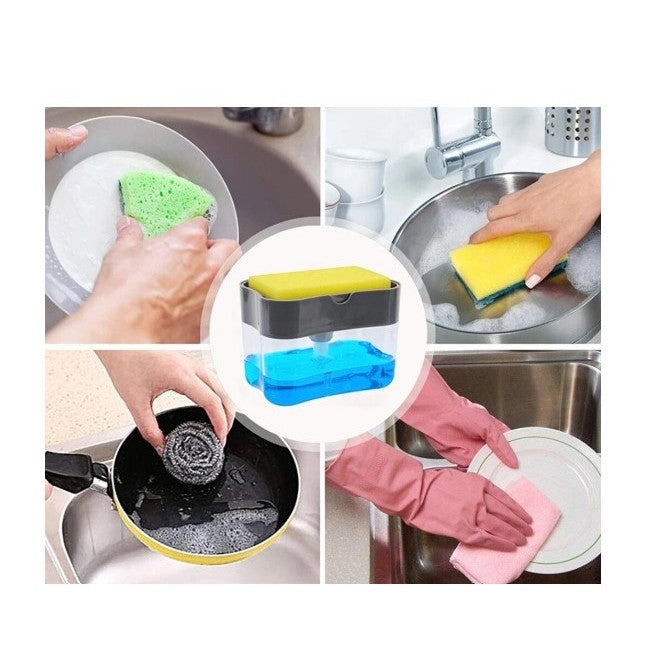 Dozator Flippy, Dispenser 2 in 1 pentru Detergent Lichid de Vase sau pentru Obiecte Sanitare cu Suport pentru Burete de Bucatarie ,14 x 10.5 x 10 cm, capacitate 380 ml, gri-2