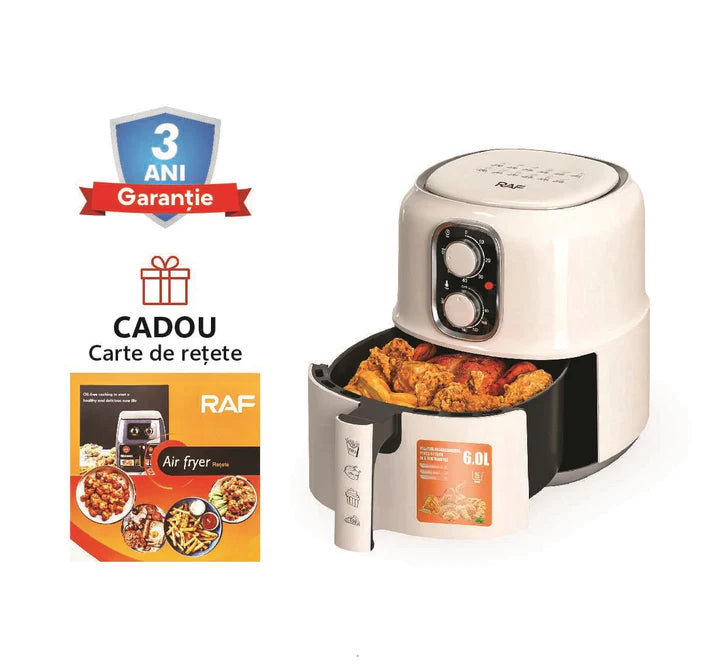 Friteuza cu aer Cald - Air Fryer RAF - 4.8L, 1600W, Control Manual, Circulare aer cald 360 grade, cu funcție Auto-Oprire, Alb, 3 ani Garanție + Carte de rețete electronică Cadou