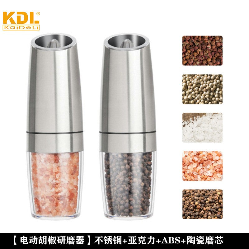 Set de 2 Rasnite electrice de Sare si Piper, Flippy, cu Camere Depozitare Transparente, Macinare, Functionare pe Baterii, ABS, Argintiu/Transparent-0