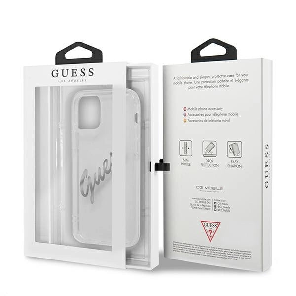 Husă Guess Vintage Script pentru iPhone 12 Pro Max (6.7”) – Transparent / Argintiu