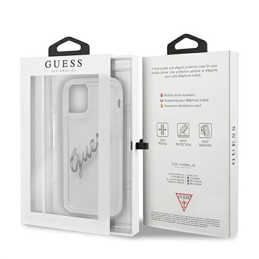 Husă Guess Vintage Script pentru iPhone 12 Pro Max (6.7”) – Transparent / Argintiu
