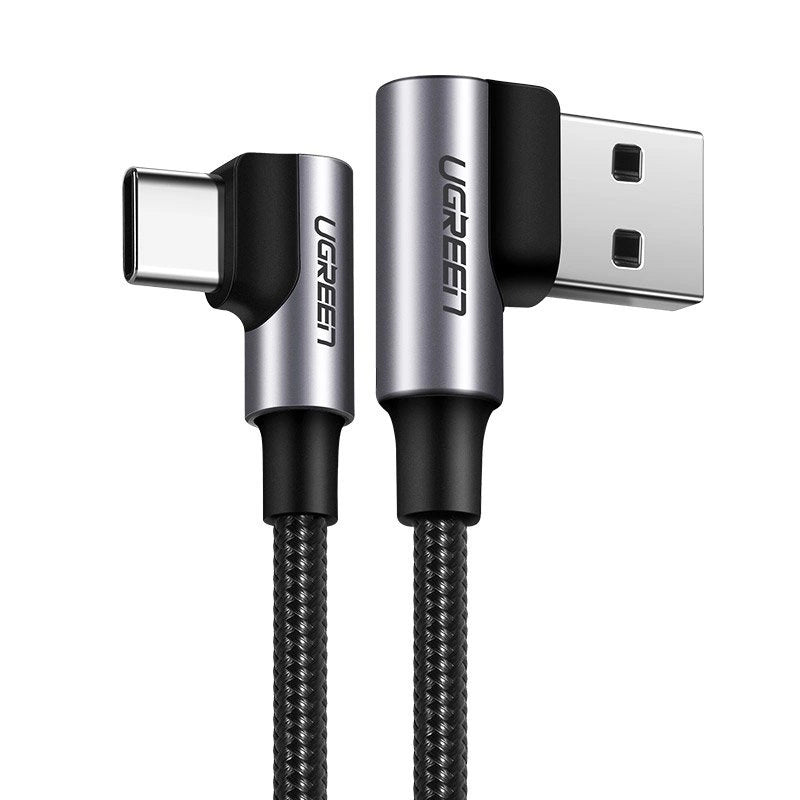 Cablu USB-A la USB-C UGREEN US176, 2 m, QC 3.0, 3A – Gri, cu mufă în unghi