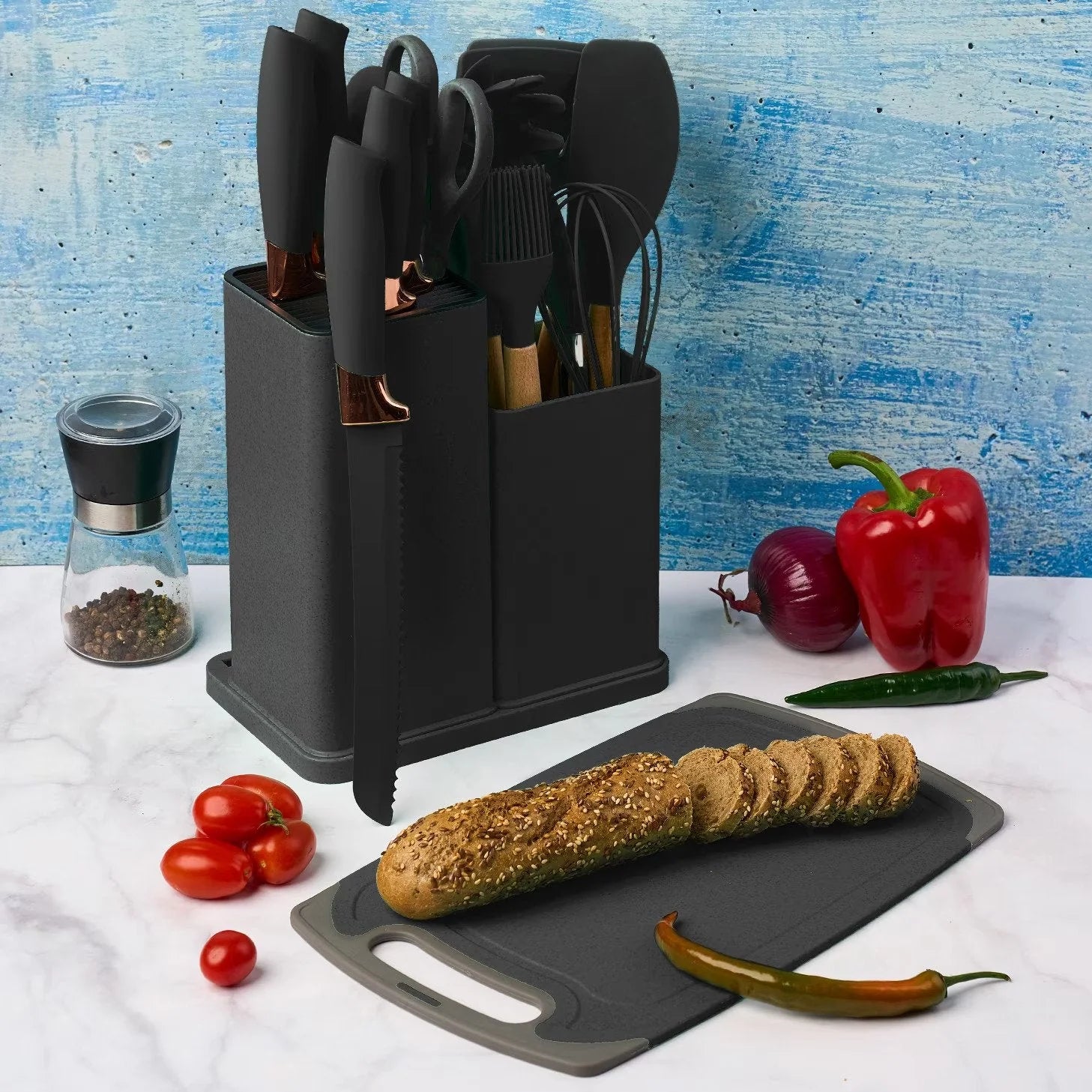 Set 19 Ustensile pentru Bucătărie din Silicon, cu Mâner de Lemn, Suport și Tocător