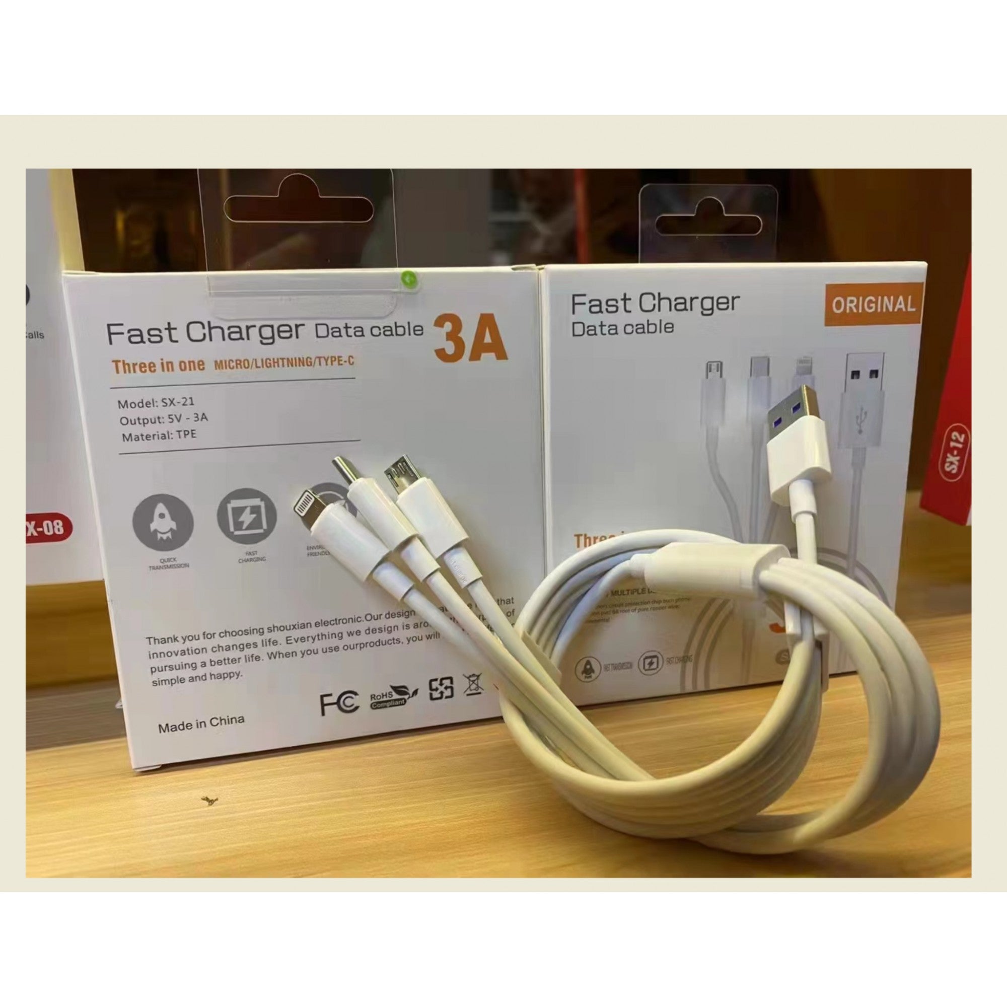 Cablu USB 3in1 Flippy SX - 21, USB la micro USB/USB-C/compatibil iphone, 3A, 1.2m (alb)-2