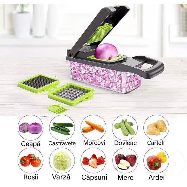 Feliator Multifunctional, Flippy, Razatoare, 8 in 1, pentru Fructe si Legume, 10 Piese, Lame de Inox, Recipient Stocare, Separator Oua, Protectie Mana, ABS, 32.2x11.3 cm, Verde/Gri-2