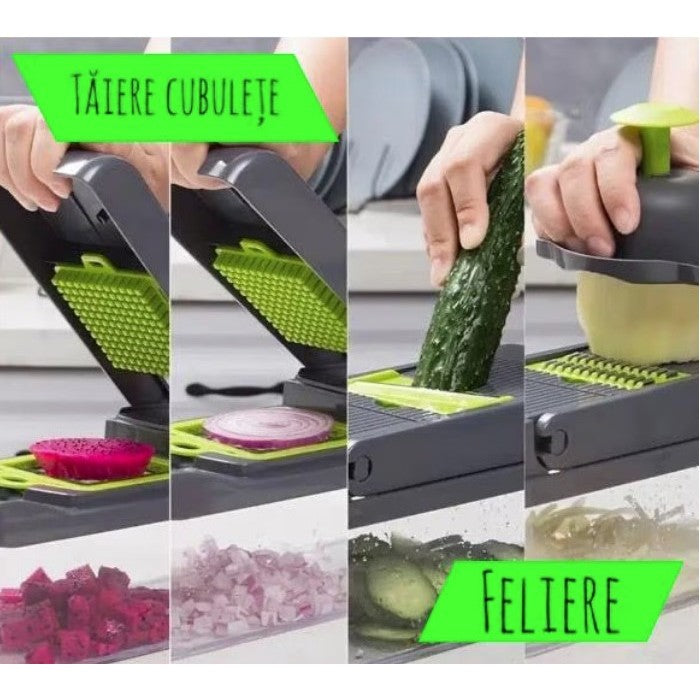 Feliator Multifunctional, Flippy, Razatoare, 8 in 1, pentru Fructe si Legume, 10 Piese, Lame de Inox, Recipient Stocare, Separator Oua, Protectie Mana, ABS, 32.2x11.3 cm, Verde/Gri-3