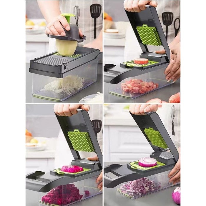 Feliator Multifunctional, Flippy, Razatoare, 8 in 1, pentru Fructe si Legume, 10 Piese, Lame de Inox, Recipient Stocare, Separator Oua, Protectie Mana, ABS, 32.2x11.3 cm, Verde/Gri-4