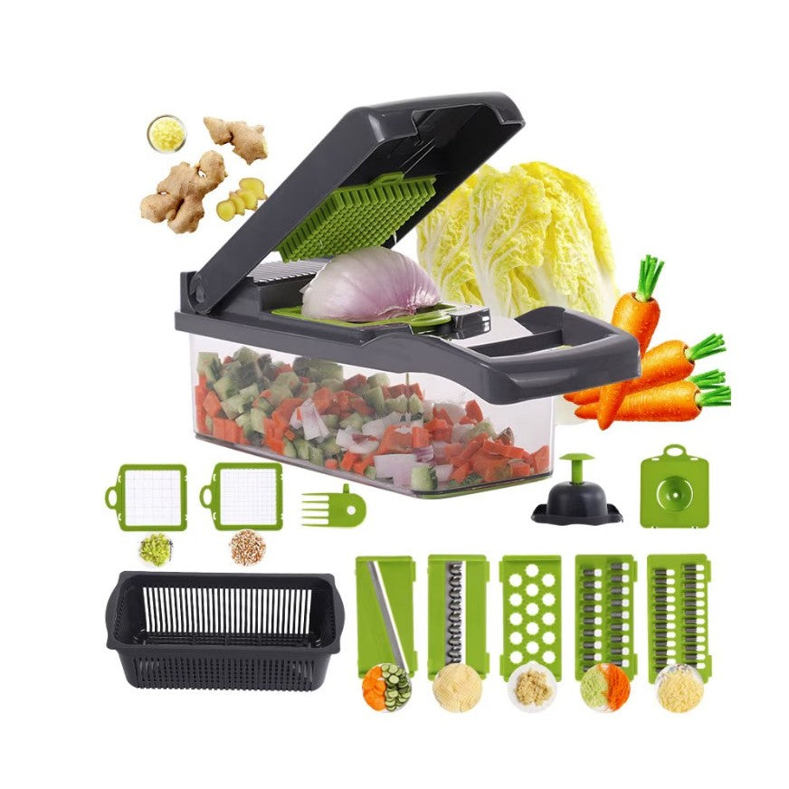 Feliator Multifunctional, Flippy, Razatoare, 8 in 1, pentru Fructe si Legume, 10 Piese, Lame de Inox, Recipient Stocare, Separator Oua, Protectie Mana, ABS, 32.2x11.3 cm, Verde/Gri-5