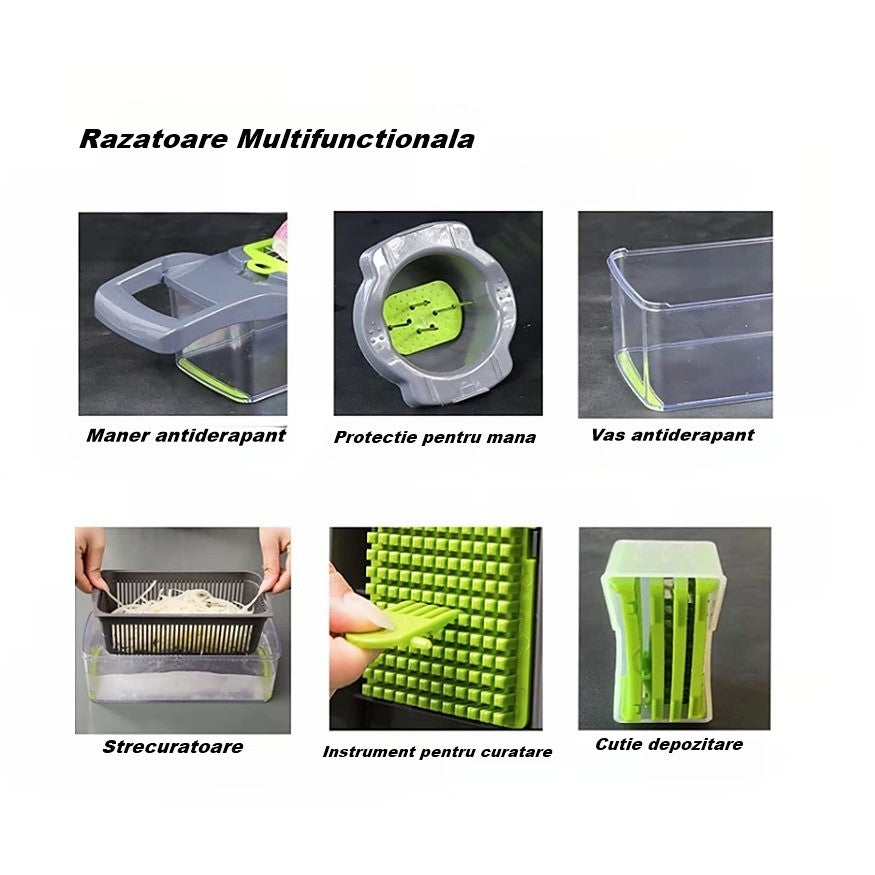 Feliator Multifunctional, Flippy, Razatoare, 8 in 1, pentru Fructe si Legume, 10 Piese, Lame de Inox, Recipient Stocare, Separator Oua, Protectie Mana, ABS, 32.2x11.3 cm, Verde/Gri-6