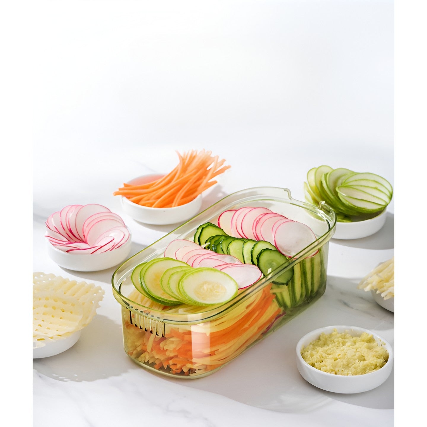 Feliator Multifunctional, Flippy, 3 in 1, pentru Fructe si Legume, 6 Piese, Maner, Lame de Inox, Recipient Stocare, Protectie Mana, ABS, 35x12x9.4 cm, Verde-2