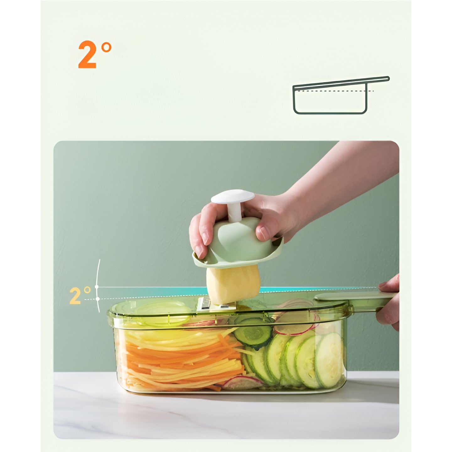 Feliator Multifunctional, Flippy, 3 in 1, pentru Fructe si Legume, 6 Piese, Maner, Lame de Inox, Recipient Stocare, Protectie Mana, ABS, 35x12x9.4 cm, Verde-4