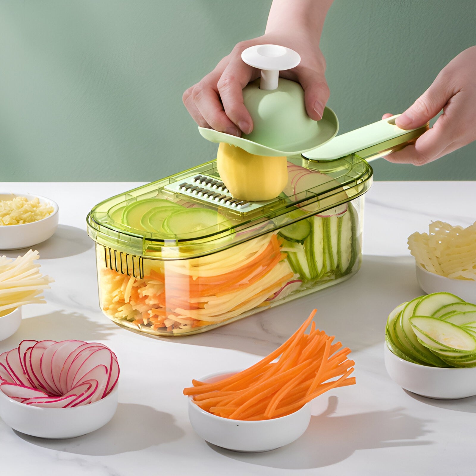 Feliator Multifunctional, Flippy, 3 in 1, pentru Fructe si Legume, 6 Piese, Maner, Lame de Inox, Recipient Stocare, Protectie Mana, ABS, 35x12x9.4 cm, Verde-9