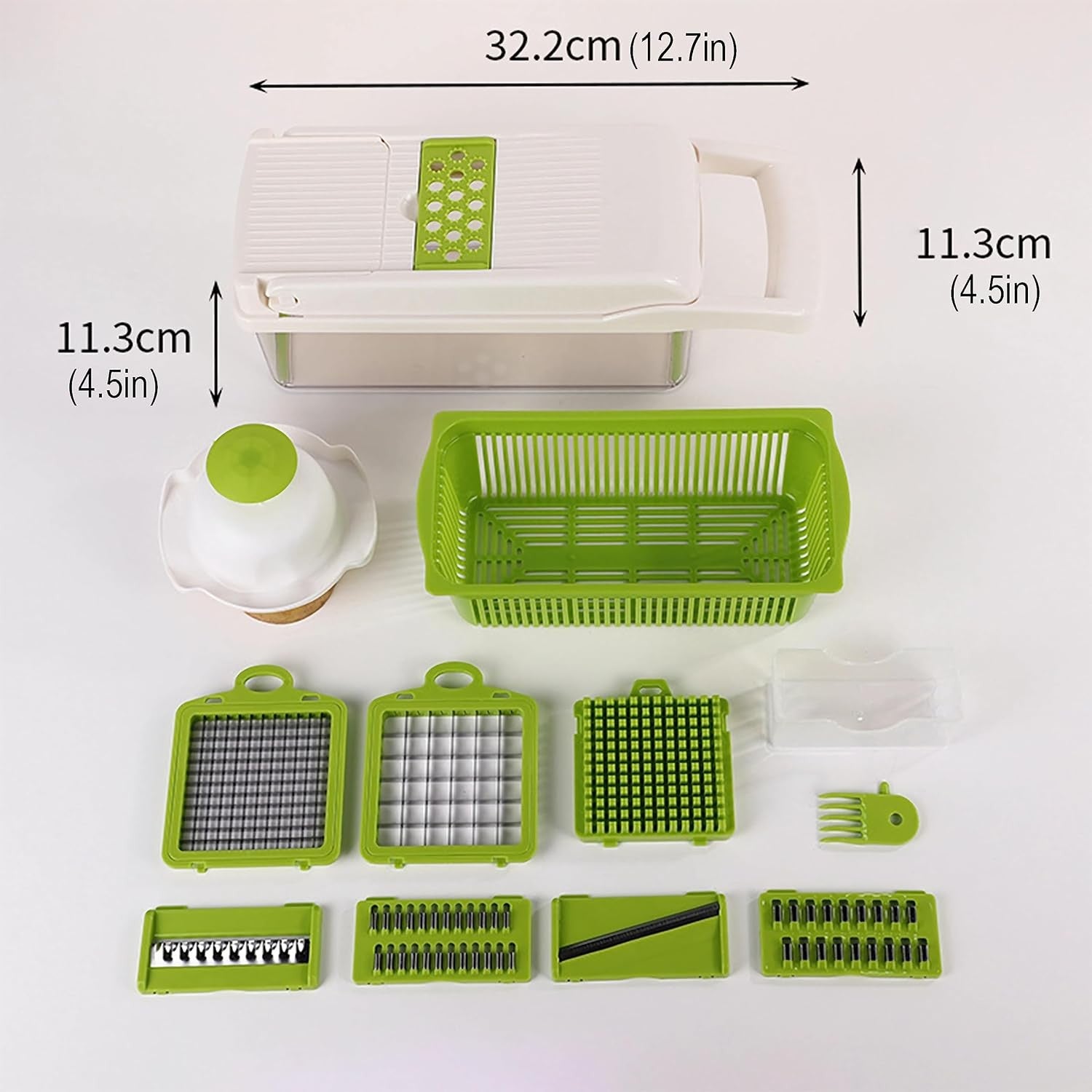 Feliator Multifunctional, Flippy, Razatoare, 8 in 1, pentru Fructe si Legume, 10 Piese, Lame de Inox, Recipient Stocare, Separator Oua, Protectie Mana, ABS, 67.5x38.5x49.5 cm, Verde/Alb-2