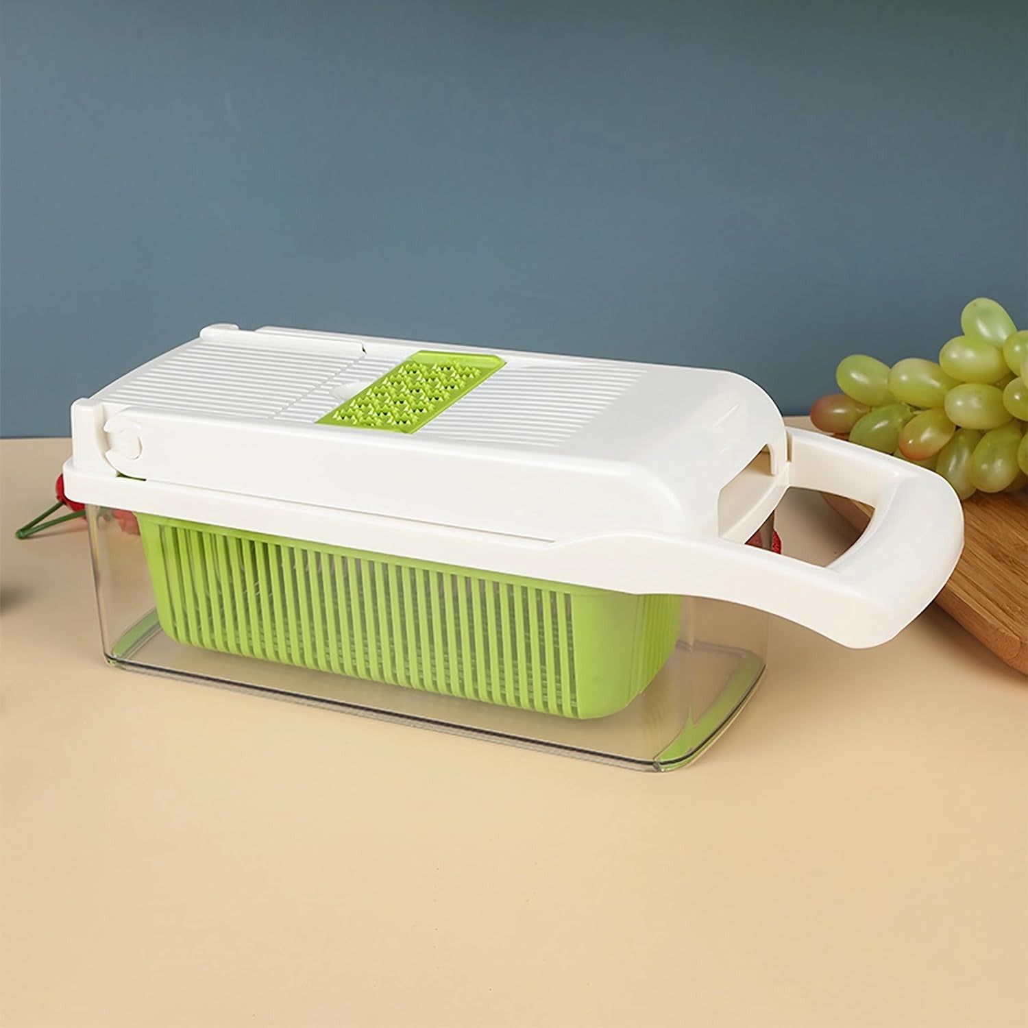 Feliator Multifunctional, Flippy, Razatoare, 8 in 1, pentru Fructe si Legume, 10 Piese, Lame de Inox, Recipient Stocare, Separator Oua, Protectie Mana, ABS, 67.5x38.5x49.5 cm, Verde/Alb-3