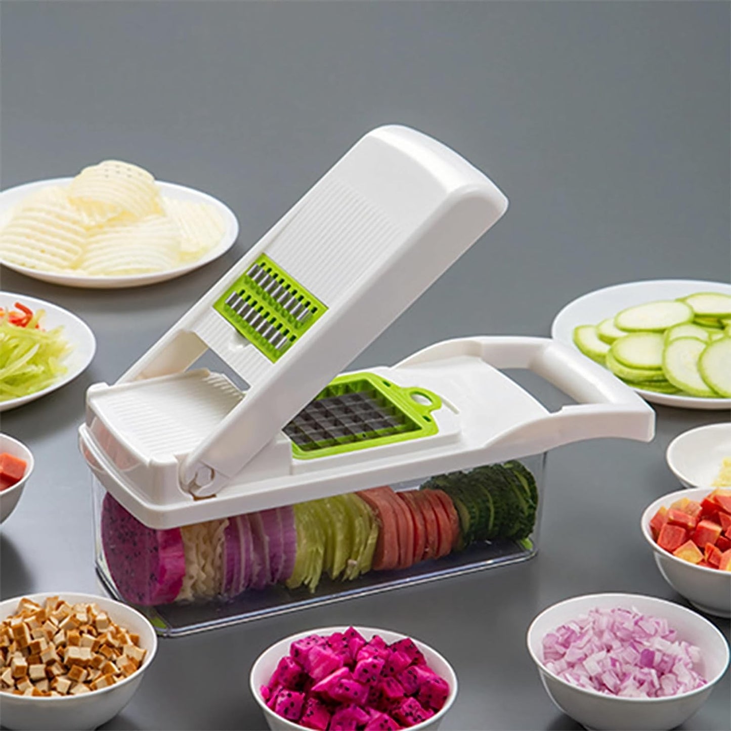 Feliator Multifunctional, Flippy, Razatoare, 8 in 1, pentru Fructe si Legume, 10 Piese, Lame de Inox, Recipient Stocare, Separator Oua, Protectie Mana, ABS, 67.5x38.5x49.5 cm, Verde/Alb-4