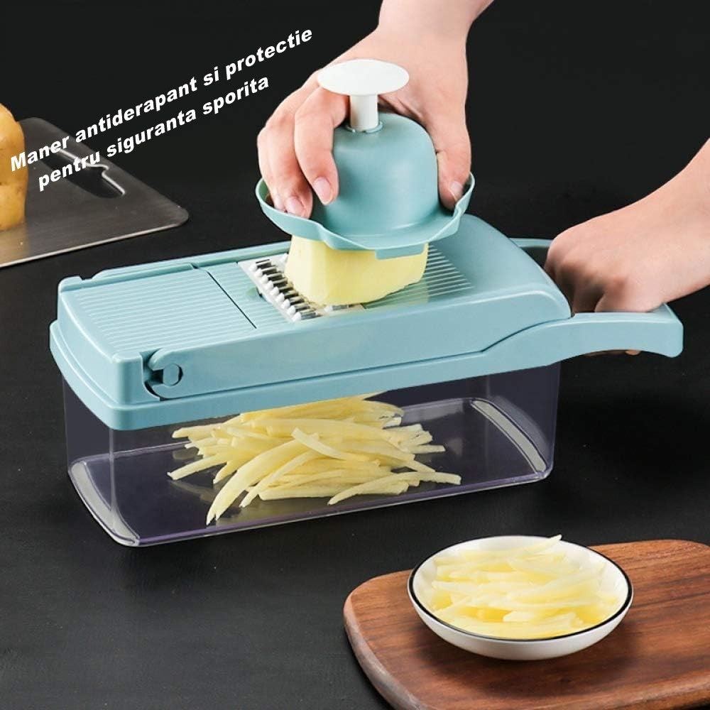 Feliator Multifunctional, Flippy, Razatoare, 8 in 1, pentru Fructe si Legume, 10 Piese, Lame de Inox, Recipient Stocare, Separator Oua, Protectie Mana, ABS, 32.2x11.3 cm, Albastru/Alb-1