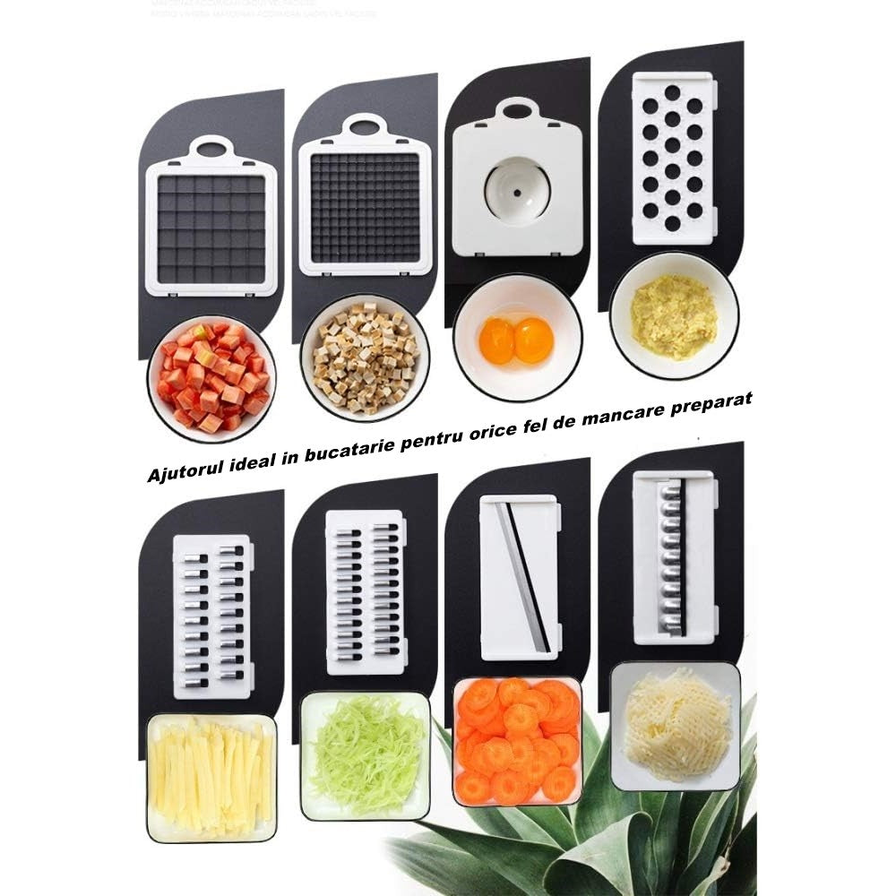 Feliator Multifunctional, Flippy, Razatoare, 8 in 1, pentru Fructe si Legume, 10 Piese, Lame de Inox, Recipient Stocare, Separator Oua, Protectie Mana, ABS, 32.2x11.3 cm, Albastru/Alb-2