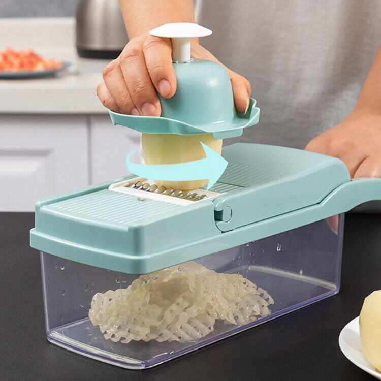 Feliator Multifunctional, Flippy, Razatoare, 8 in 1, pentru Fructe si Legume, 10 Piese, Lame de Inox, Recipient Stocare, Separator Oua, Protectie Mana, ABS, 32.2x11.3 cm, Albastru/Alb-4