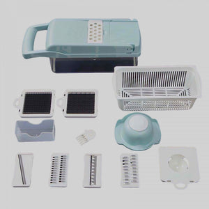 Feliator Multifunctional, Flippy, Razatoare, 8 in 1, pentru Fructe si Legume, 10 Piese, Lame de Inox, Recipient Stocare, Separator Oua, Protectie Mana, ABS, 32.2x11.3 cm, Albastru/Alb-0