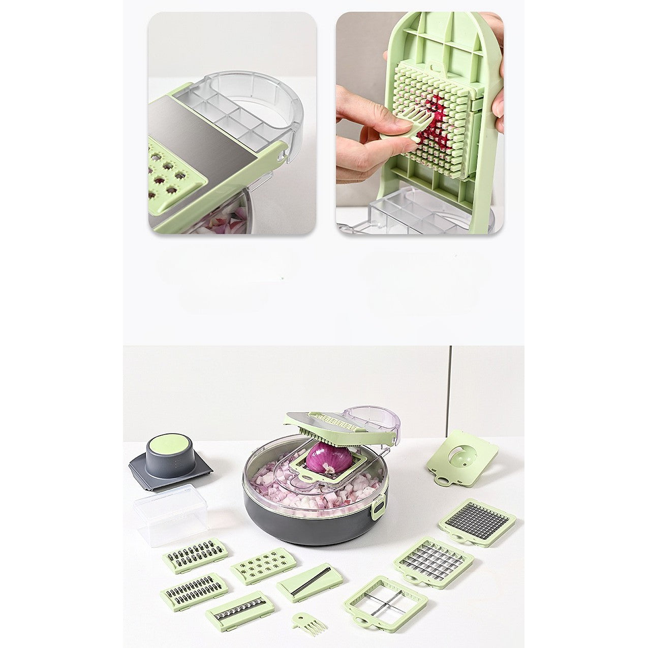 Feliator Multifunctional, Flippy, Razatoare, 8 in 1, pentru Fructe si Legume, 12 Piese, Lame de Inox, Recipient Stocare, Separator Oua, Protectie Mana, ABS, Gri/Verde, 29.5x9x21.8 cm-1