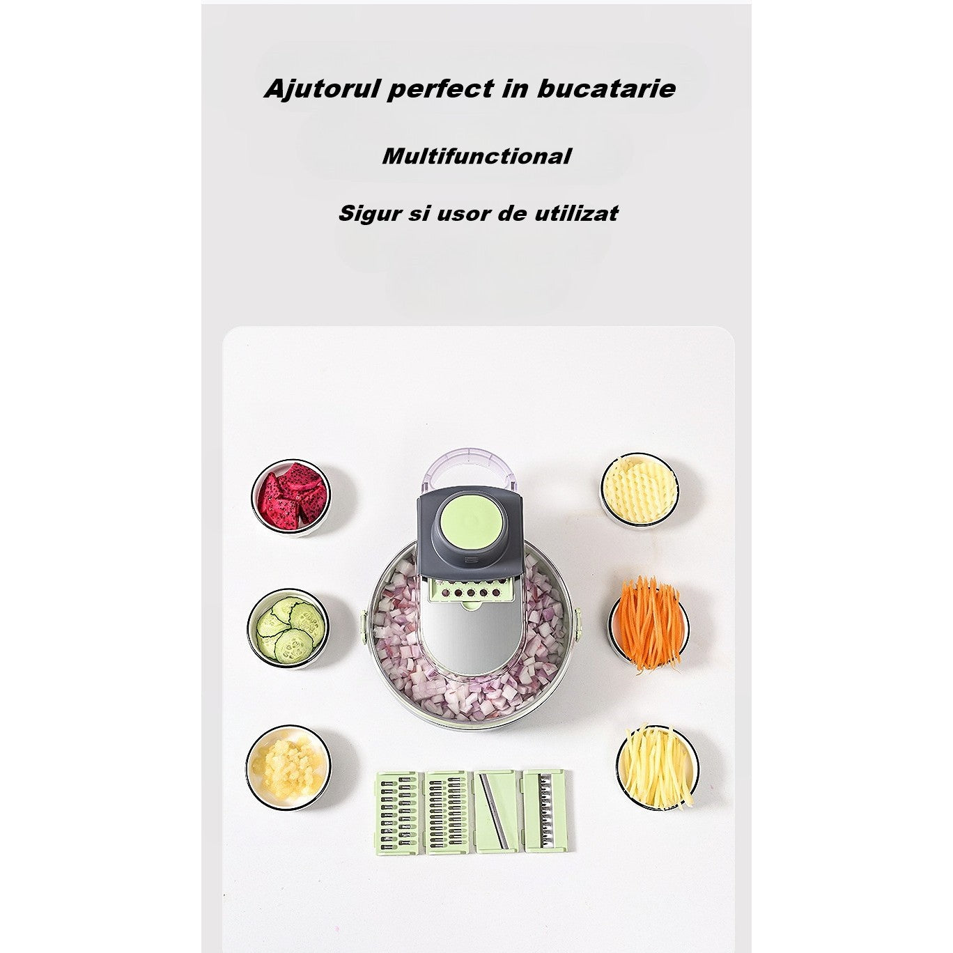 Feliator Multifunctional, Flippy, Razatoare, 8 in 1, pentru Fructe si Legume, 12 Piese, Lame de Inox, Recipient Stocare, Separator Oua, Protectie Mana, ABS, Gri/Verde, 29.5x9x21.8 cm-2
