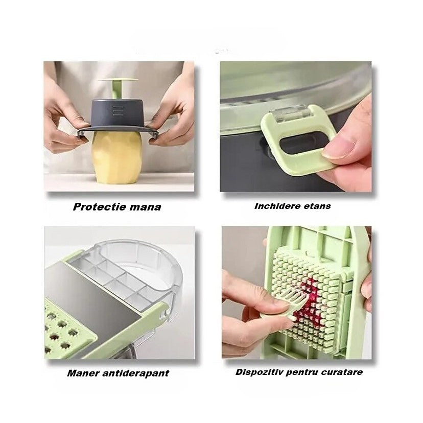 Feliator Multifunctional, Flippy, Razatoare, 8 in 1, pentru Fructe si Legume, 12 Piese, Lame de Inox, Recipient Stocare, Separator Oua, Protectie Mana, ABS, Gri/Verde, 29.5x9x21.8 cm-3