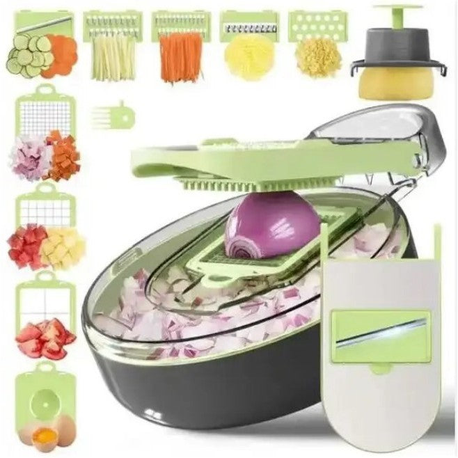 Feliator Multifunctional, Flippy, Razatoare, 8 in 1, pentru Fructe si Legume, 12 Piese, Lame de Inox, Recipient Stocare, Separator Oua, Protectie Mana, ABS, Gri/Verde, 29.5x9x21.8 cm-4