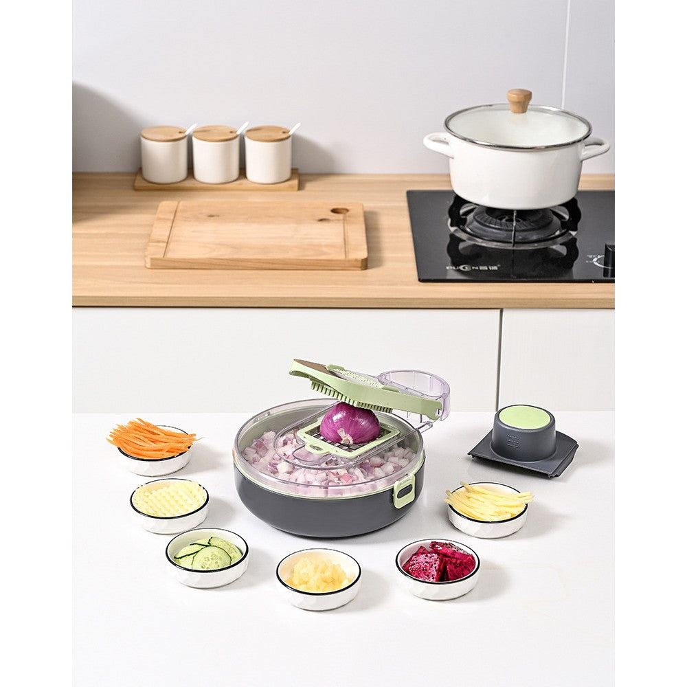 Feliator Multifunctional, Flippy, Razatoare, 8 in 1, pentru Fructe si Legume, 12 Piese, Lame de Inox, Recipient Stocare, Separator Oua, Protectie Mana, ABS, Gri/Verde, 29.5x9x21.8 cm-5