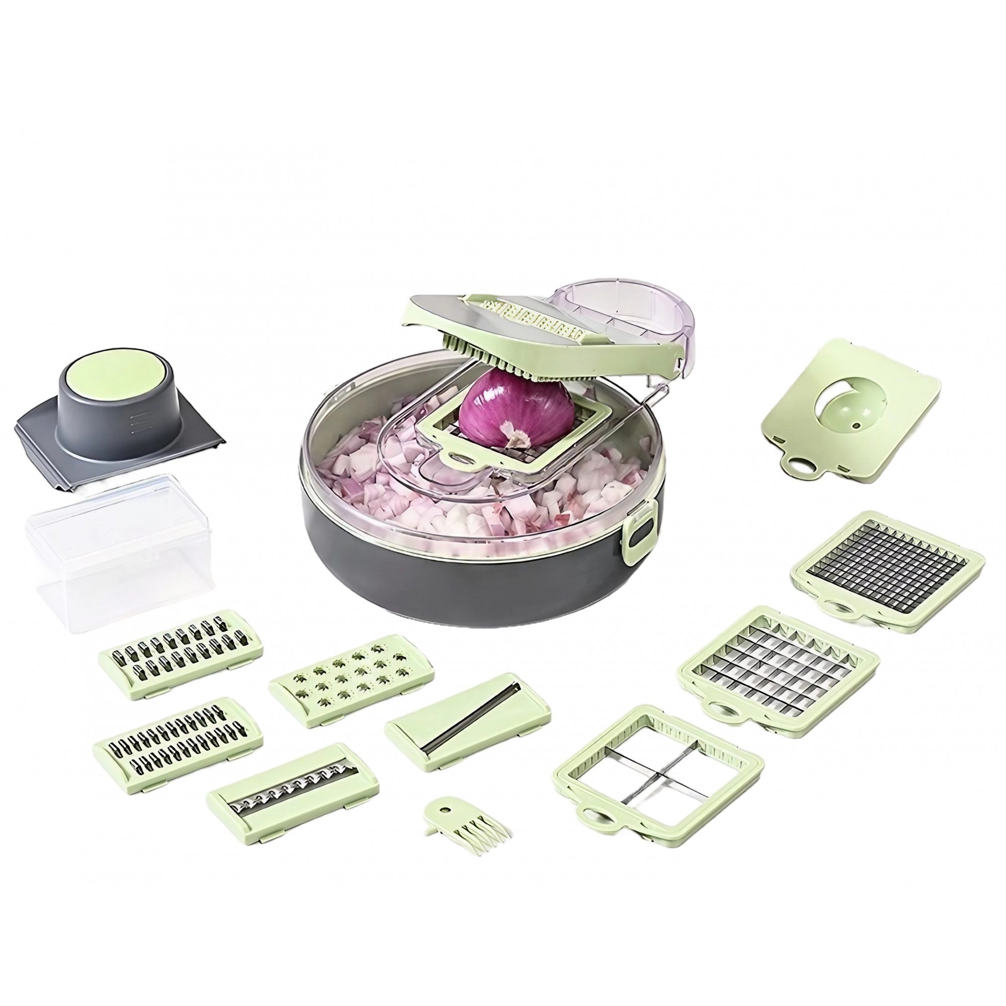 Feliator Multifunctional, Flippy, Razatoare, 8 in 1, pentru Fructe si Legume, 12 Piese, Lame de Inox, Recipient Stocare, Separator Oua, Protectie Mana, ABS, Gri/Verde, 29.5x9x21.8 cm-0