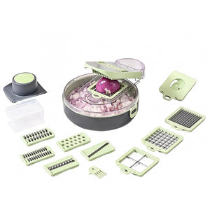 Feliator Multifunctional, Flippy, Razatoare, 8 in 1, pentru Fructe si Legume, 12 Piese, Lame de Inox, Recipient Stocare, Separator Oua, Protectie Mana, ABS, Gri/Verde, 29.5x9x21.8 cm-0