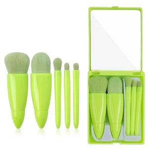 Set 5 Mini Pensule de Machiaj, Flippy, Portabile, in Carcasa cu Oglinda, din Par Sintetic Moale, Verde Lime, 12x7x2.5 cm-0
