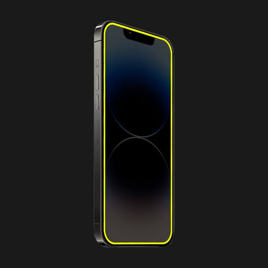 Folie de Sticla Securizata pentru Apple iPhone 15, Flippy, Luminous, Margine Fosforescenta Neon din Silicon, Mat, Anti-Amprenta, Protectie Completa, 9H, Galben-1