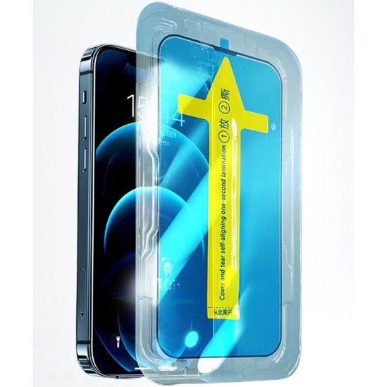 Folie sticla securizata cu sistem de montare usor si rapid Flippy pentru Apple iPhone 14 Pro, Transparent cu margini negre-0