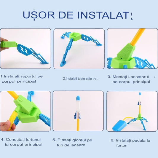 Jucarie pentru Copii, Flippy, Lansator de Rachete cu Piciorul, un Singur Lansator, 6 Rachete Fara Lumini, 40.5 cm Inaltime, Multicolor-1