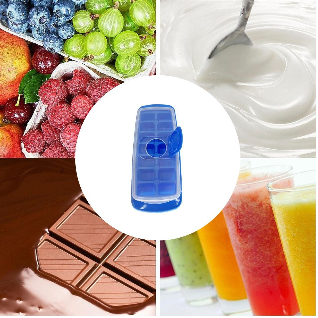 Forma pentru cuburi de gheata Flippy, 14 cuburi, reutilizabil, plastic alimentar, cu capac, orificiu umplere, dreptunghiulara, 29.5 x 12.5 x4 cm, albastru-1