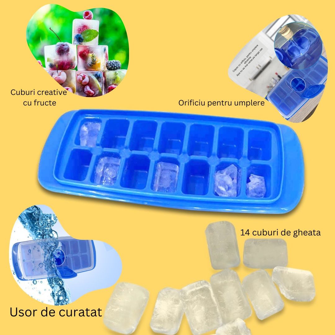Forma pentru cuburi de gheata Flippy, 14 cuburi, reutilizabil, plastic alimentar, cu capac, orificiu umplere, dreptunghiulara, 29.5 x 12.5 x4 cm, albastru-3