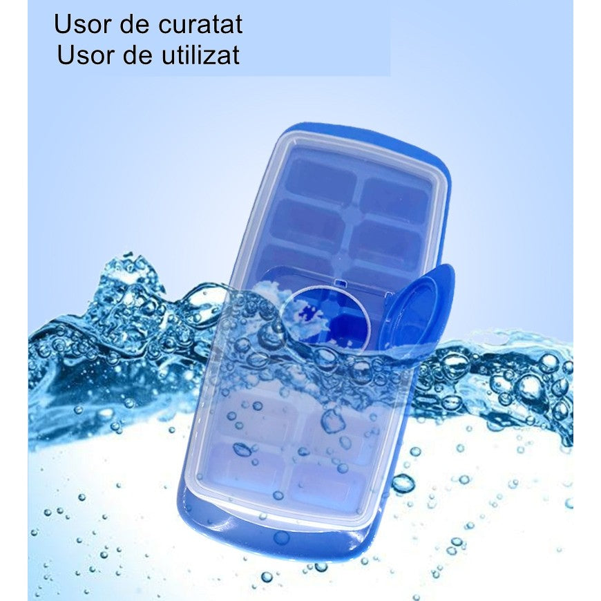 Forma pentru cuburi de gheata Flippy, 14 cuburi, reutilizabil, plastic alimentar, cu capac, orificiu umplere, dreptunghiulara, 29.5 x 12.5 x4 cm, albastru-5
