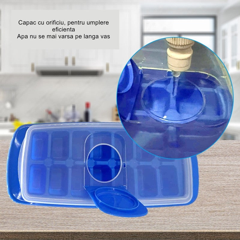 Forma pentru cuburi de gheata Flippy, 14 cuburi, reutilizabil, plastic alimentar, cu capac, orificiu umplere, dreptunghiulara, 29.5 x 12.5 x4 cm, albastru-6