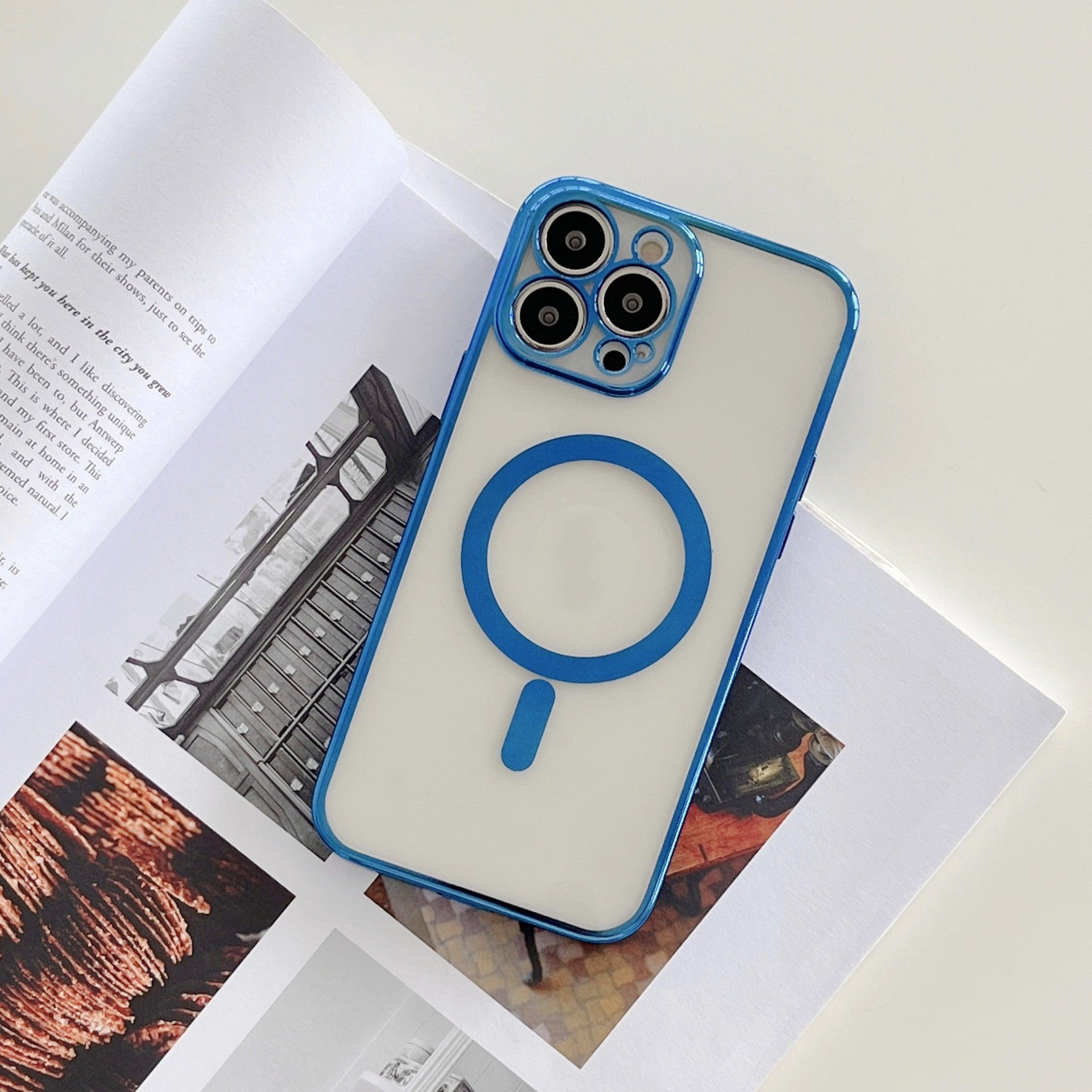 Husa MagSafe pentru Apple iPhone 14, Protectie camera, Full TPU, Margini colorate Electroplating, Magnetica, Incarcare Wireless, Flippy, Albastru-1