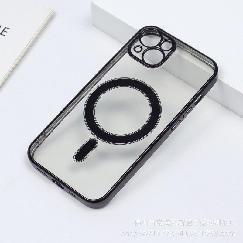 Husa MagSafe pentru Apple iPhone 14, Protectie camera, Full TPU, Margini colorate Electroplating, Magnetica, Incarcare Wireless, Flippy, Negru-1