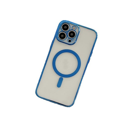 Husa MagSafe pentru Apple iPhone 14 Pro Max, Protectie camera, Full TPU, Margini colorate Electroplating, Magnetica, Incarcare Wireless, Flippy, Albastru-2