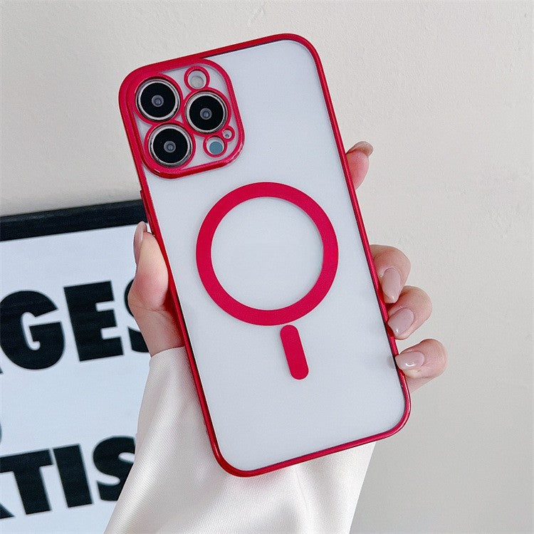 Husa MagSafe pentru Apple iPhone 14 Pro Max, Protectie camera, Full TPU, Margini colorate Electroplating, Magnetica, Incarcare Wireless, Flippy, Rosu-2